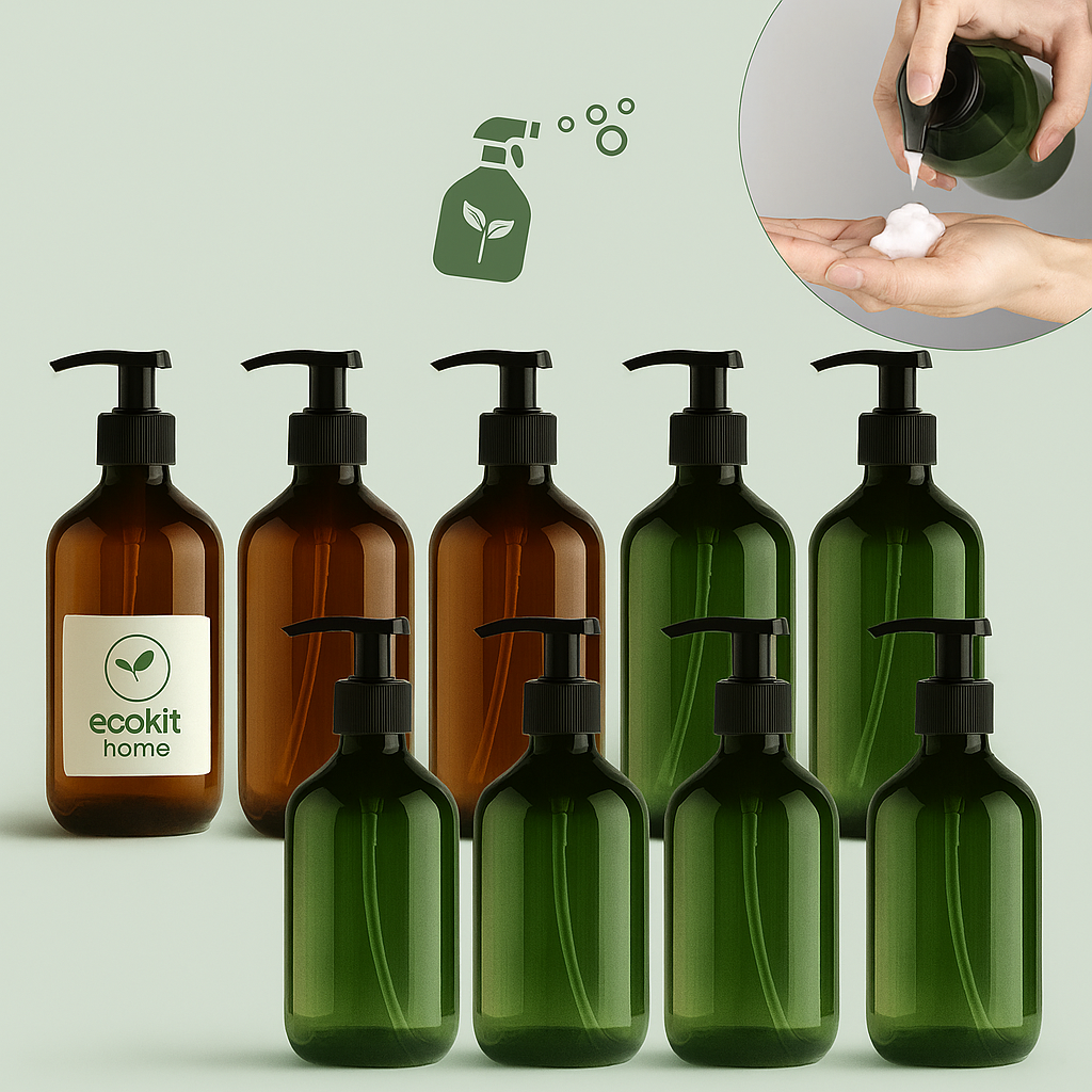 Lot de Flacons Pompe Réutilisables 500 ml – Verre Ambré & Vert Écologique